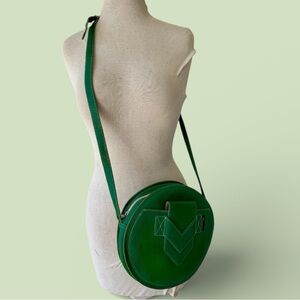 Vtg PAQUETAGE Paris Green Round Shoulder Crossbody Bag Pebbled Leather ~As Is~